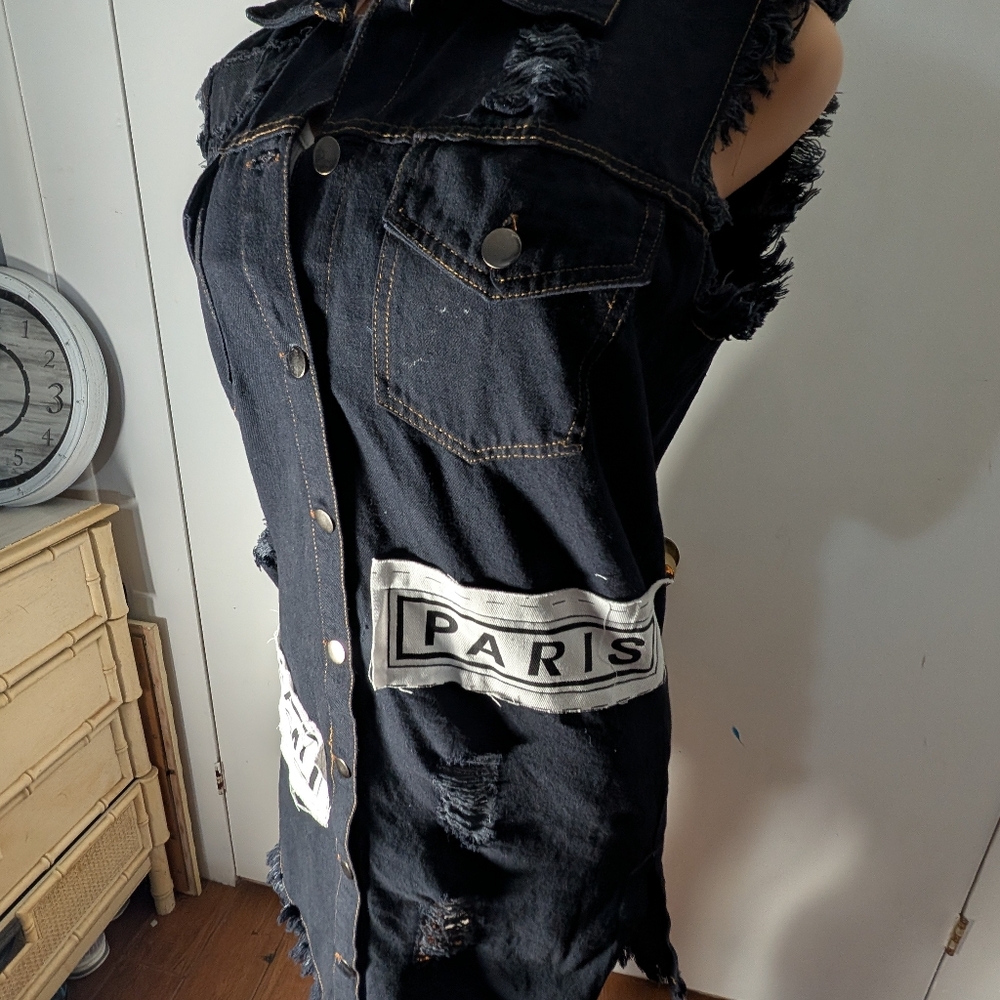 Taxi Black denim Shirt Dress patched and frayed details Size S - Picture 3 of 8